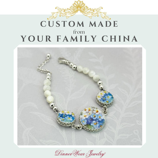 CUSTOM ORDER Broken China Jewelry Bracelet, 20th Anniversary Gift for Wife, Three Charm Silver Bracelet, Custom Made From Your China