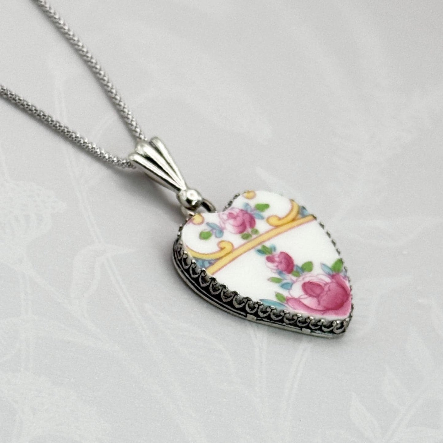 Pink Rose Heart Necklace, 20th Wedding Anniversary Gift for Wife, Antique Broken China Jewelry, Romantic Silver Victorian Jewelry