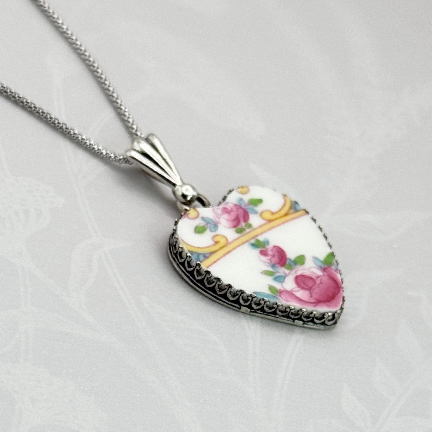 Pink Rose Heart Necklace, 20th Wedding Anniversary Gift for Wife, Antique Broken China Jewelry, Romantic Silver Victorian Jewelry