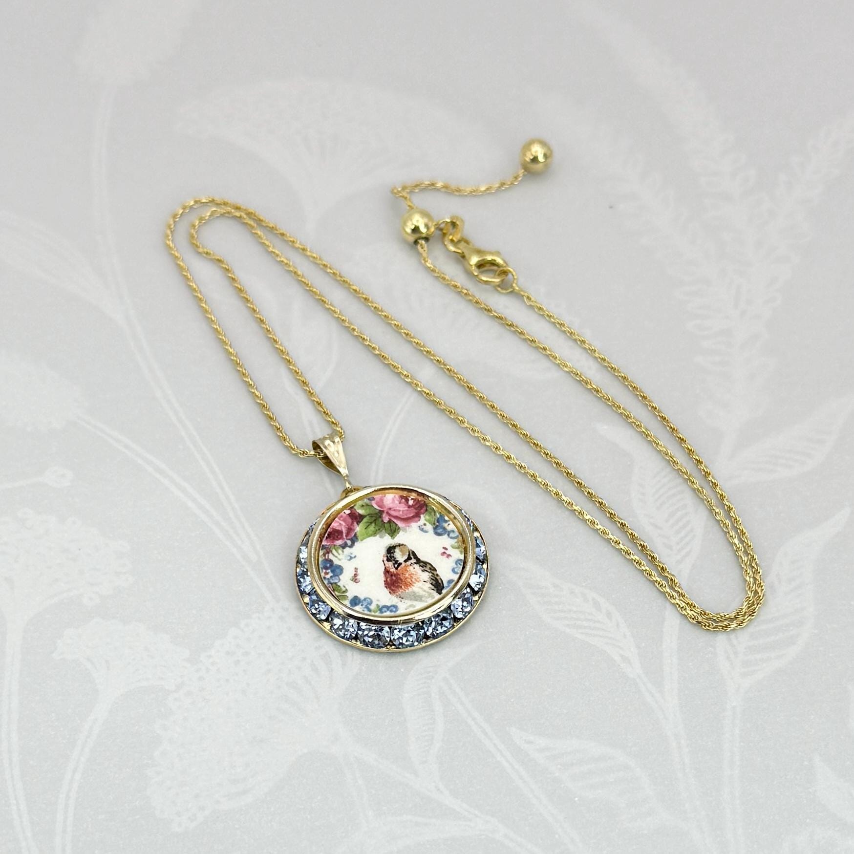Robin Rose Necklace, Vintage Broken China Jewelry, 20th Anniversary Gifts for Wife, Blue Forget Me Not Flowers, Gold Bird Necklace