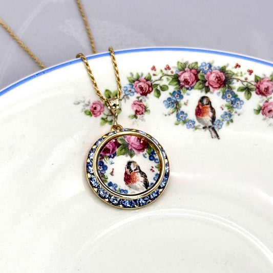Robin Rose Necklace, Vintage Broken China Jewelry, 20th Anniversary Gifts for Wife, Blue Forget Me Not Flowers, Gold Bird Necklace