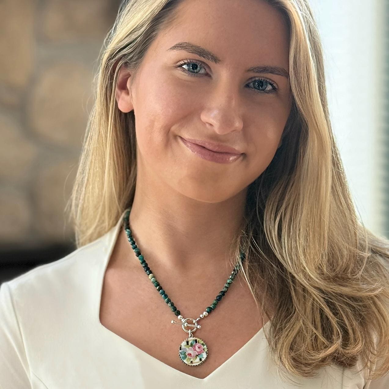 Turquoise Toggle Necklace, Large Pink Rose Pendant, Broken China Jewelry, Statement Necklace, Vintage China, Artisan Jewelry, Gifts for Her