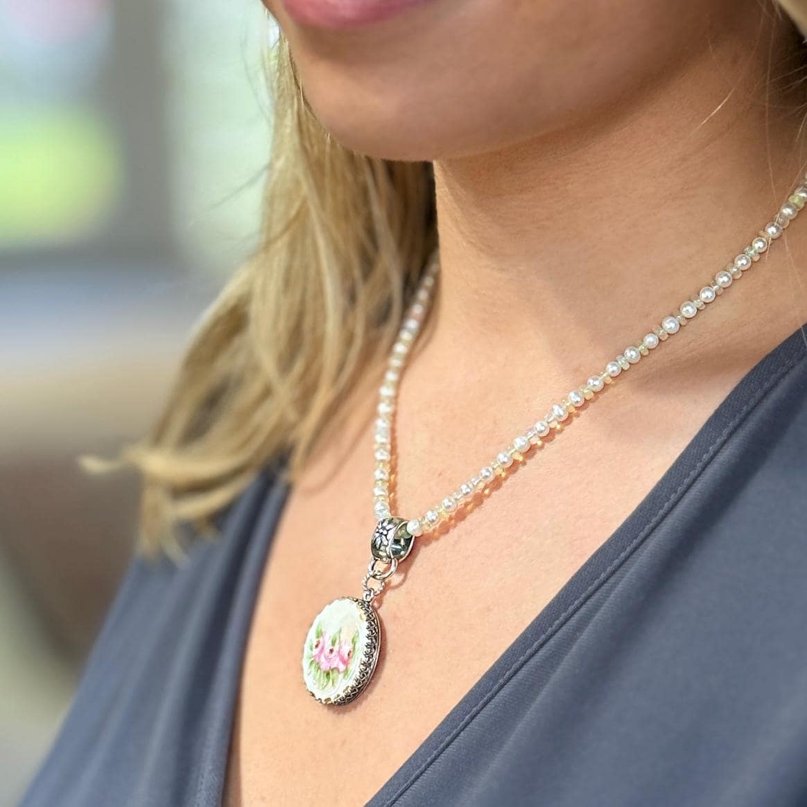 18th Wedding Anniversary Gift for Wife, Antique Hand Painted Porcelain Button Jewelry, Opal and Pearl Toggle Necklace, Sterling Silver