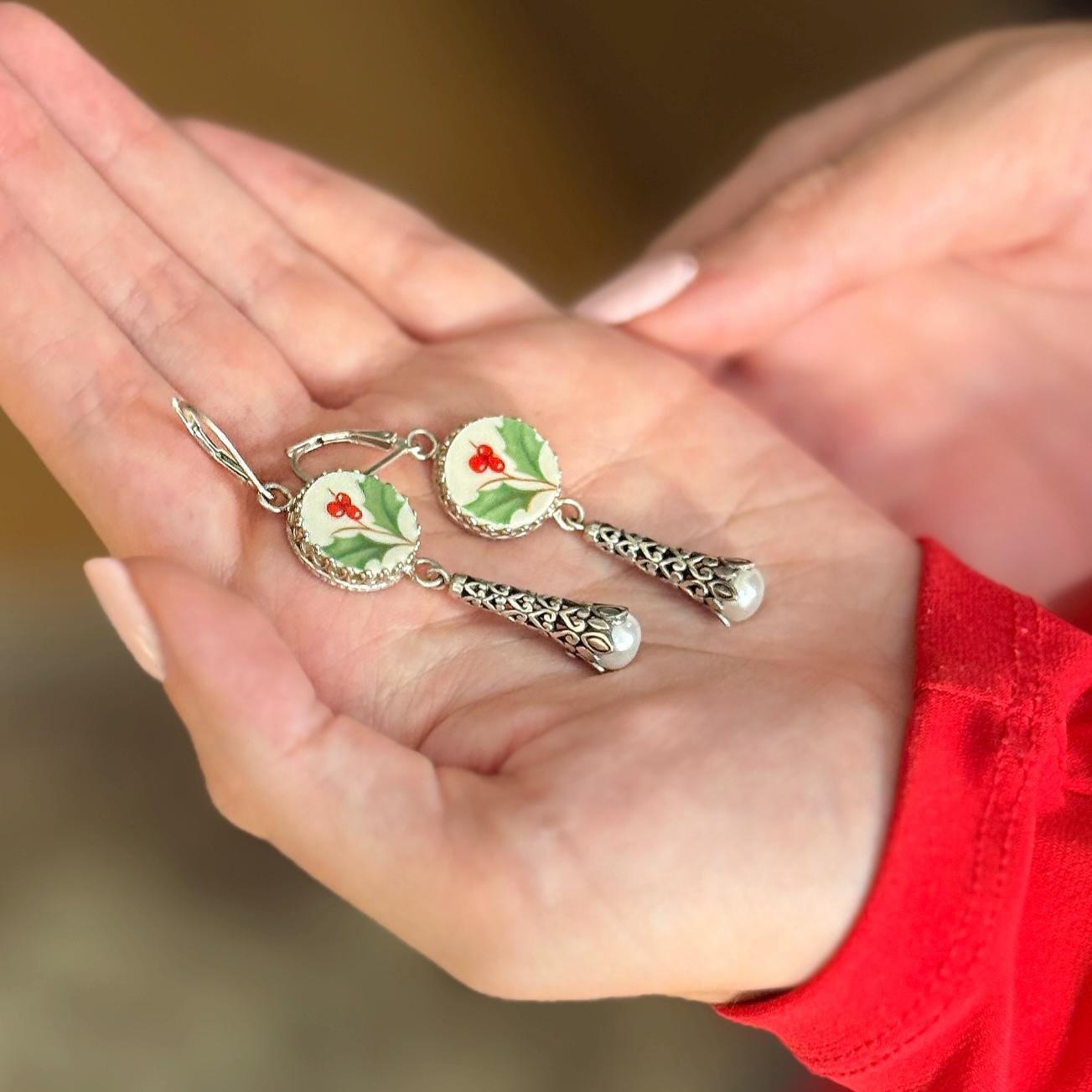 Lenox Holiday Broken China Jewelry, Victorian Christmas Earrings, Gifts for Women, Unique Presents
