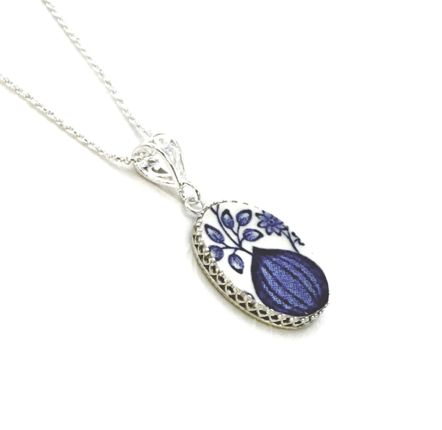 Broken China Jewelry, Blue Onion Flower Necklace, 20th Anniversary Gift for Wife, Repurposed Jewelry