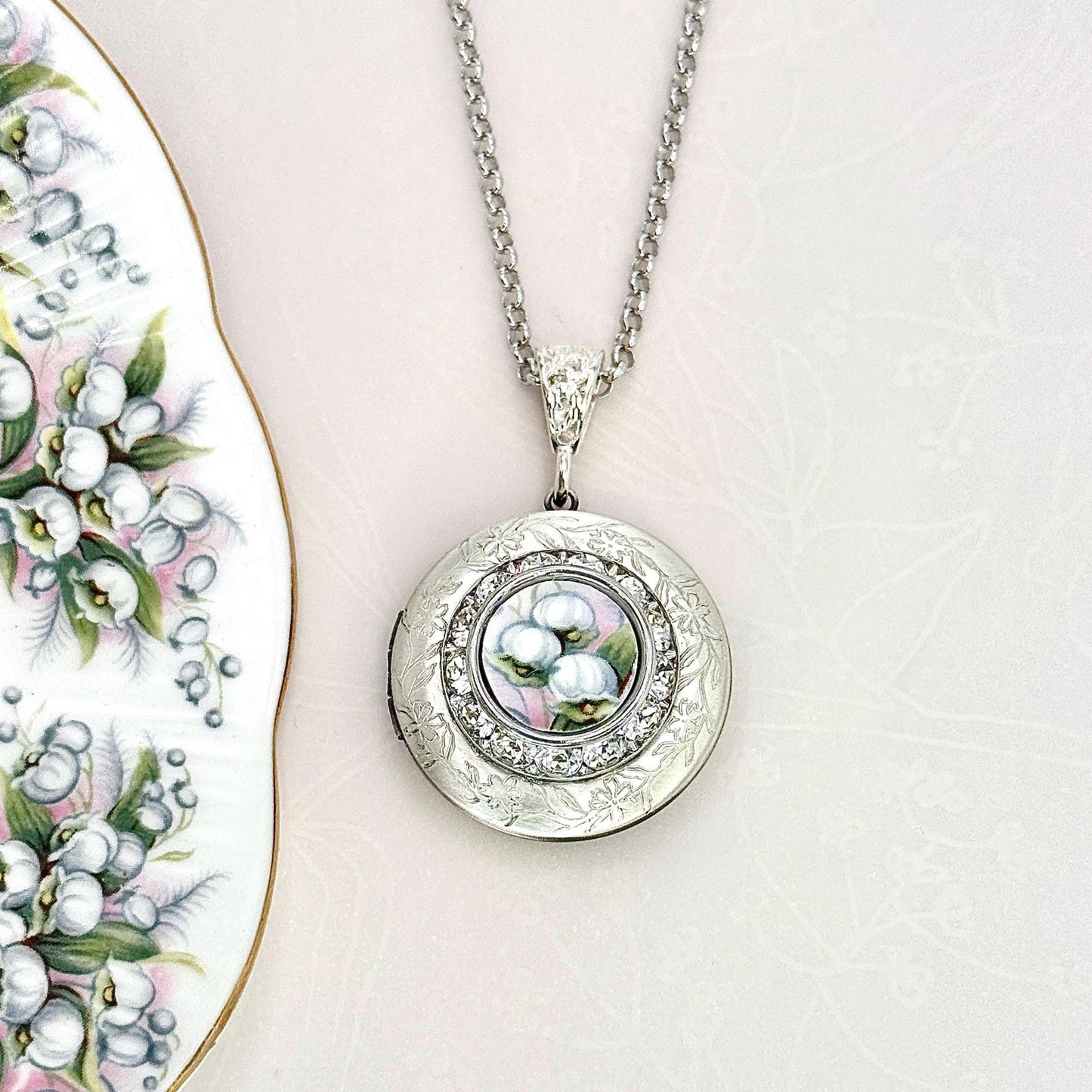 Lily of the Valley Photo Locket Necklace, Broken China Jewelry, Unique Anniversary Gifts for Wife, Vintage China, Gifts for Women