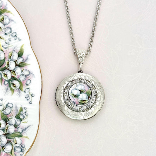Lily of the Valley Photo Locket Necklace, Broken China Jewelry, Unique Anniversary Gifts for Wife, Vintage China, Gifts for Women