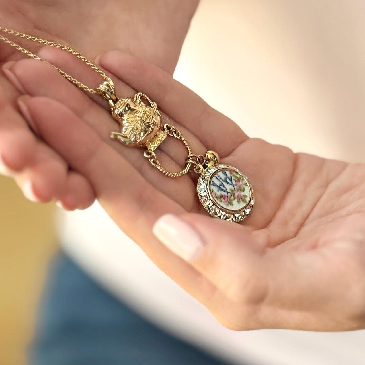 Victorian Gold Teapot Charm Necklace, Broken China Jewelry, Friendship Gift for Tea Lover