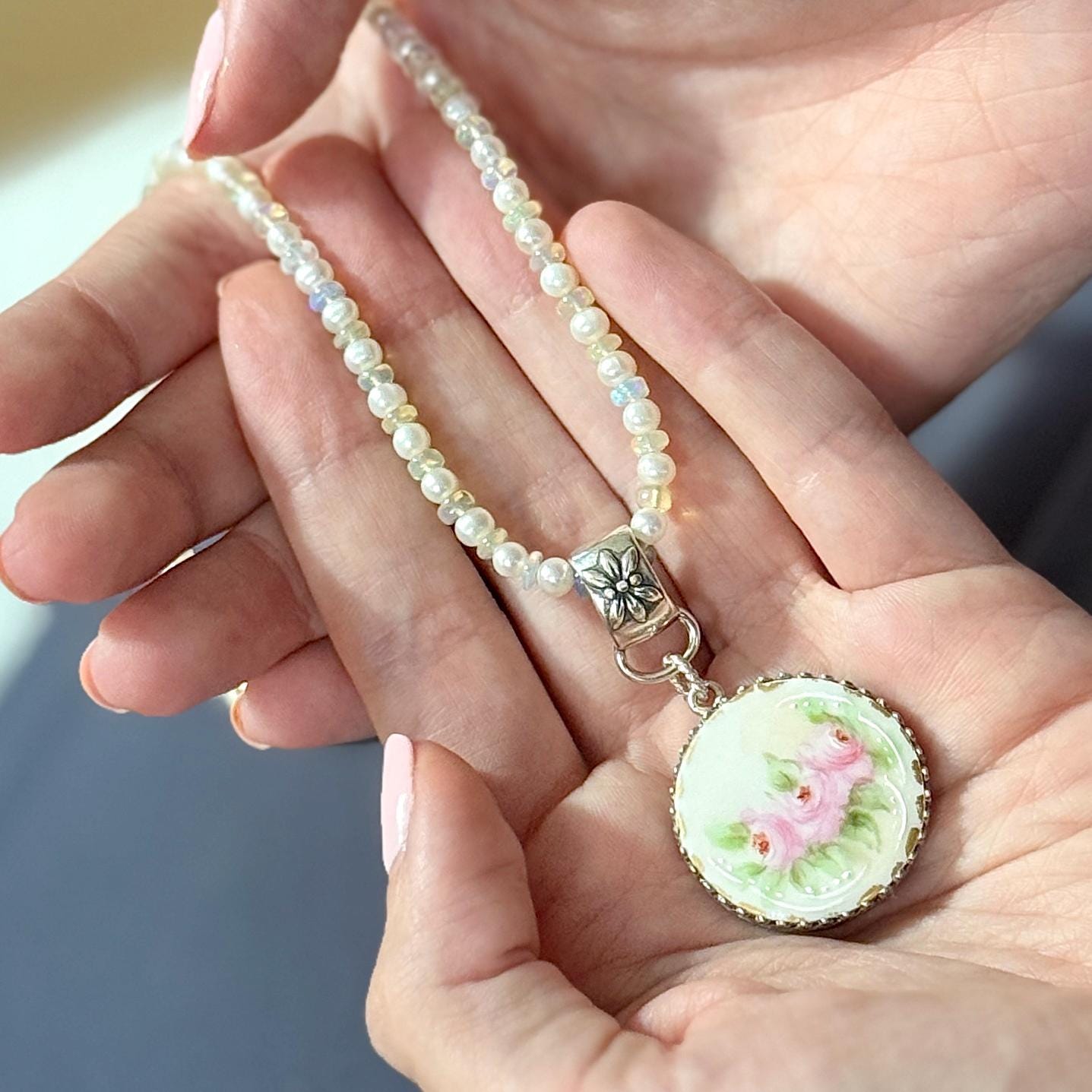 18th Wedding Anniversary Gift for Wife, Antique Hand Painted Porcelain Button Jewelry, Opal and Pearl Toggle Necklace, Sterling Silver
