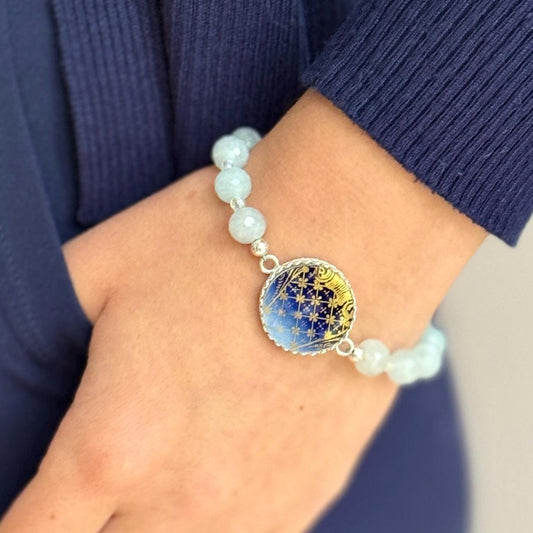 Antique Porcelain Statement Bracelet, 18th Anniversary Gift for Wife, Aquamarine Jewelry, Theodore Haviland Limoges, Flow Blue