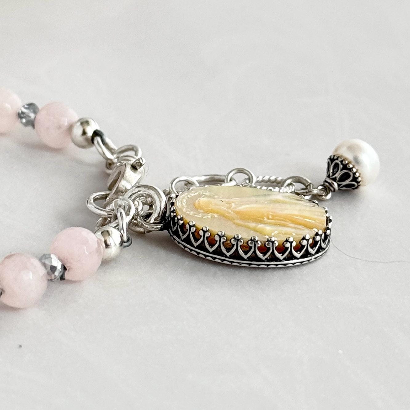 Blessed Mother Mary Pearl Cameo Bracelet, Religious Jewelry Gifts for Women, Adjustable Rose Quartz Bracelet, Sterling Silver