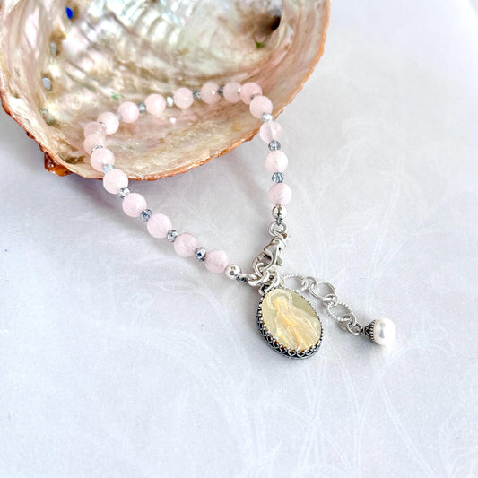 Blessed Mother Mary Pearl Cameo Bracelet, Religious Jewelry Gifts for Women, Adjustable Rose Quartz Bracelet, Sterling Silver