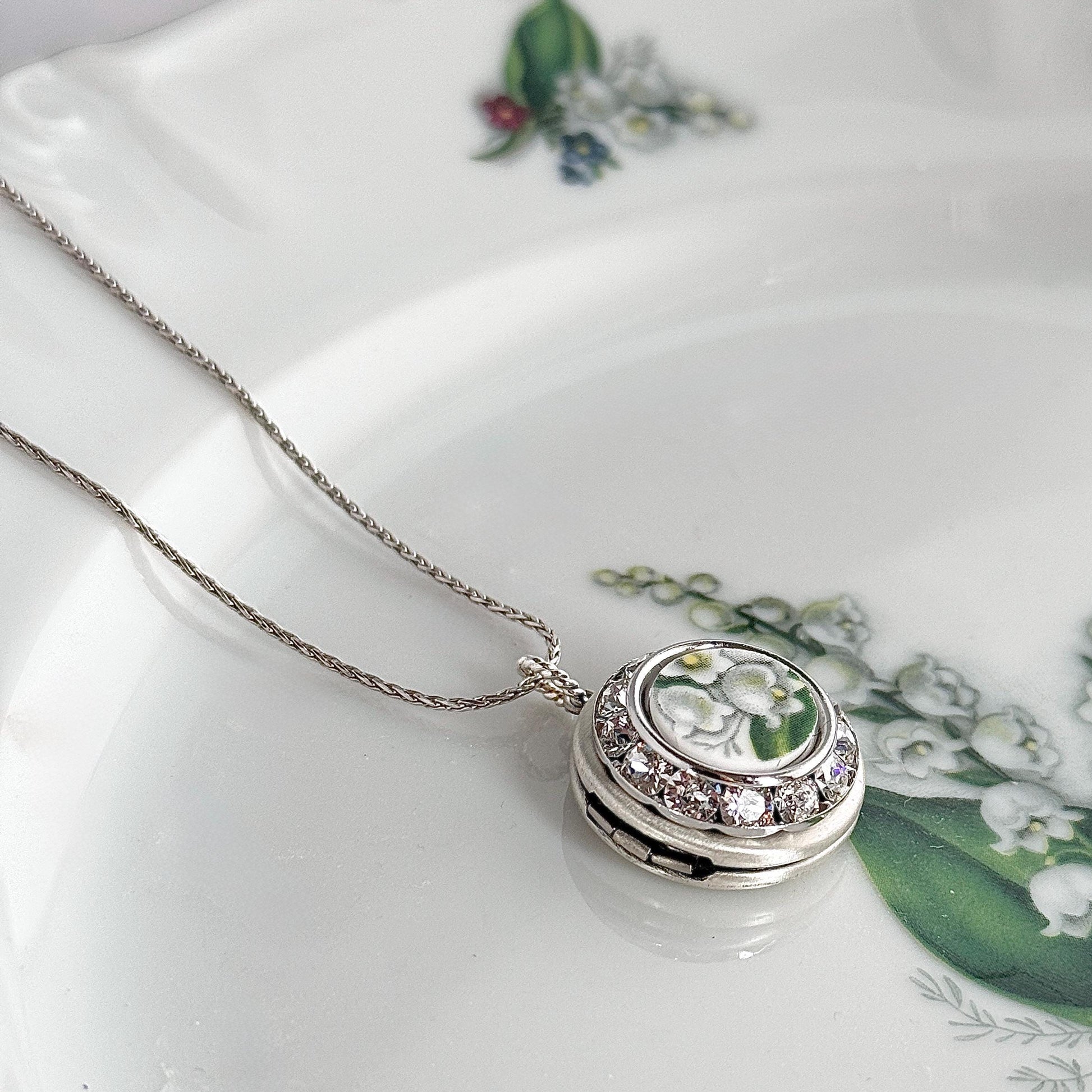 Lily of the Valley Locket Necklace, 20th Anniversary Gifts for Wife, Vintage Broken China Jewelry, Crystal Photo Locket