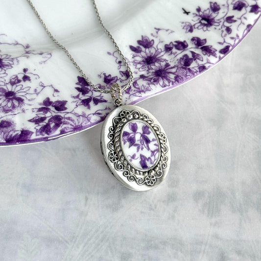 Purple Shelley China Photo Locket Necklace, 20th Anniversary Gifts for Wife, Vintage Broken China Jewelry, Sterling Silver