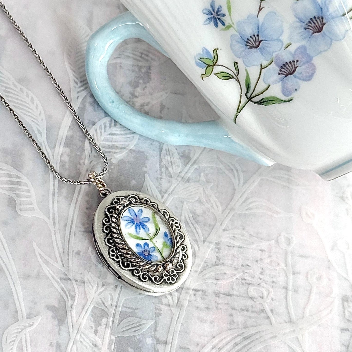 Vintage Blue Flower Photo Locket Necklace, 20th Anniversary Gifts for Wife, Shelley Broken China Jewelry, Sterling Silver