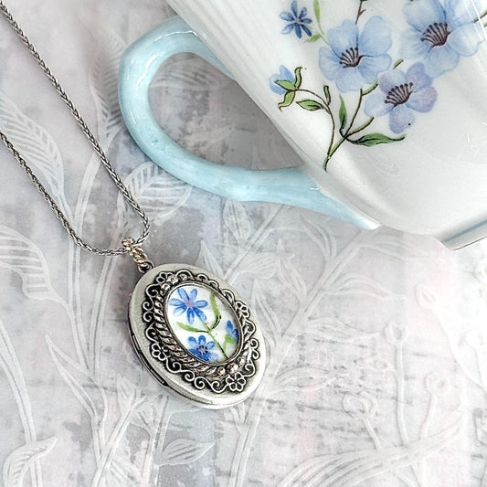Vintage Blue Flower Photo Locket Necklace, 20th Anniversary Gifts for Wife, Shelley Broken China Jewelry, Sterling Silver