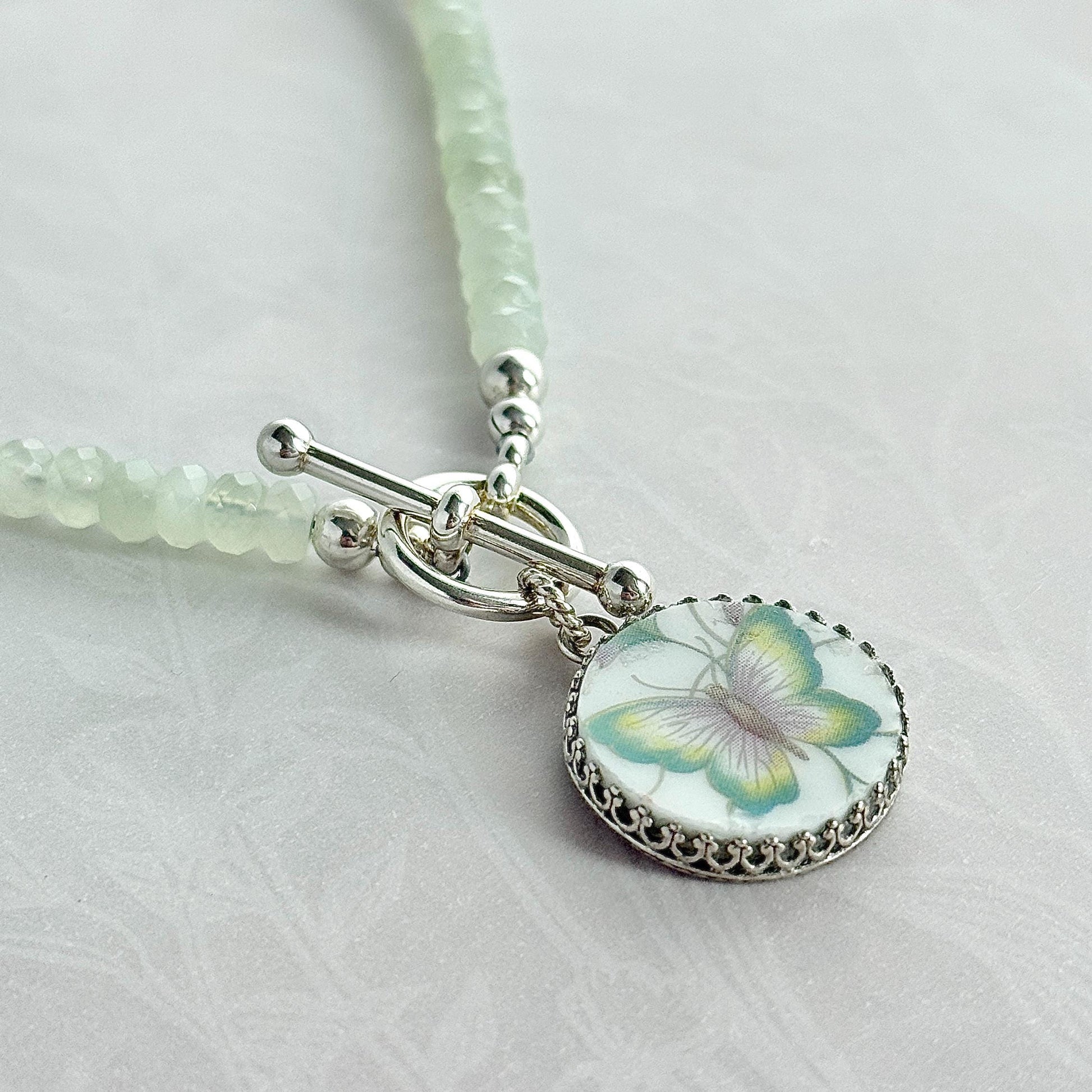 Butterfly Toggle Necklace, Vintage Porcelain Jewelry, 18th Anniversary Gifts for Wife, Jade Gemstone Statement Necklace