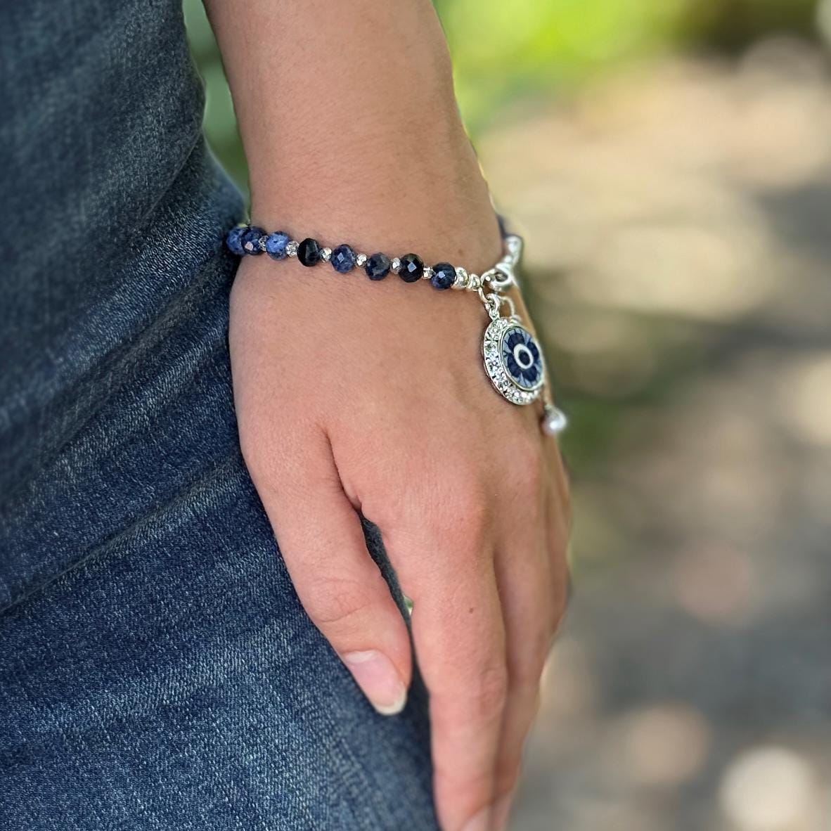 Vintage Holland Delftware Bracelet, 9th Wedding Anniversary Pottery Gift for Wife, Crystal Jewelry