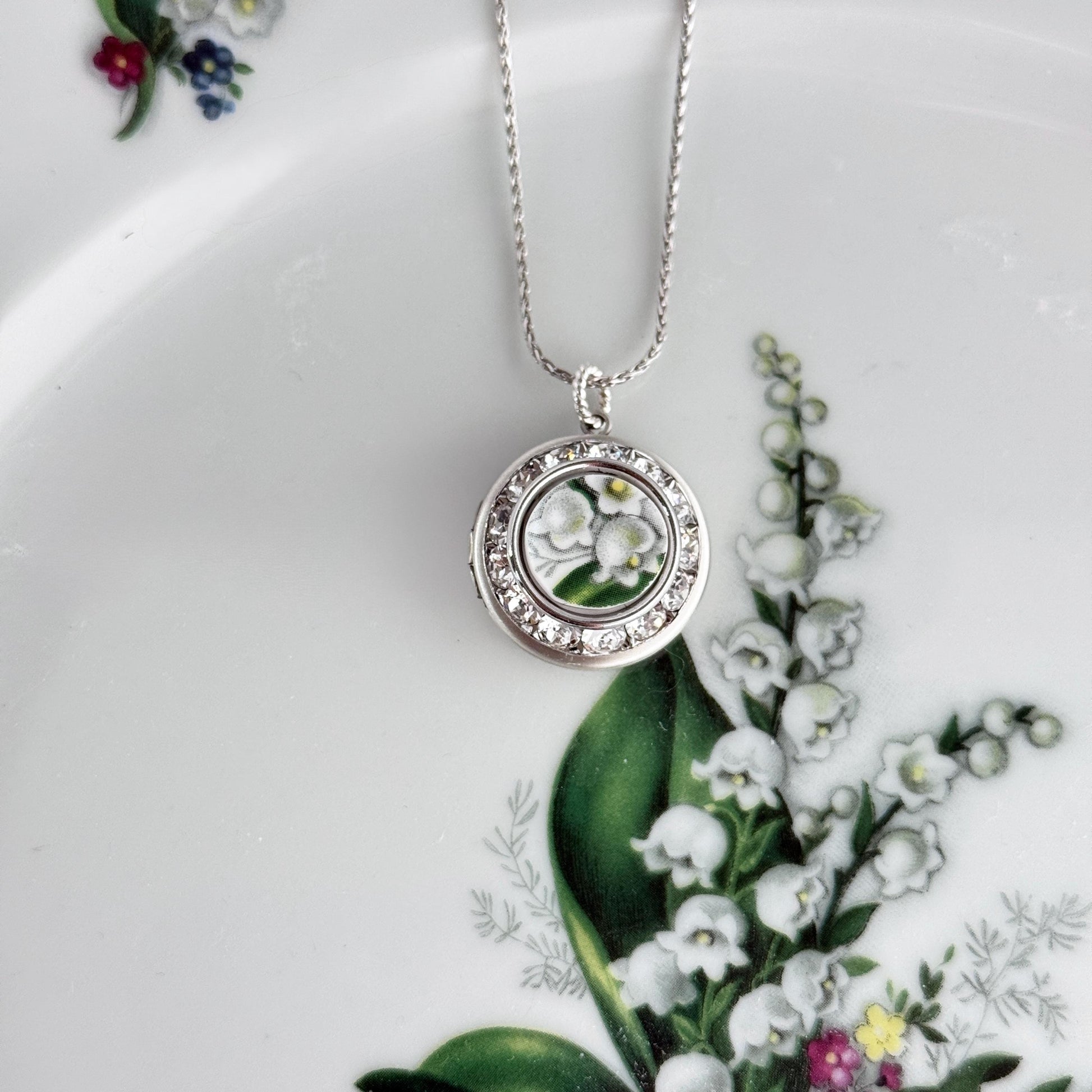 Lily of the Valley Locket Necklace, 20th Anniversary Gifts for Wife, Vintage Broken China Jewelry, Crystal Photo Locket