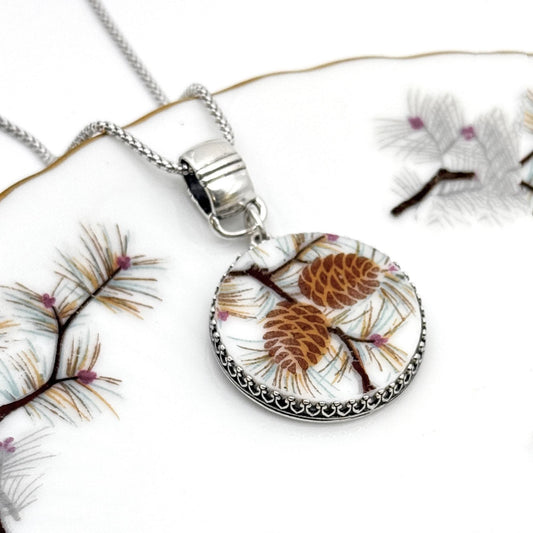 Pinecone China Necklace, 20th Anniversary Gifts for Wife, Winter Wedding, Broken China Jewelry, Sterling Silver Statement Necklace