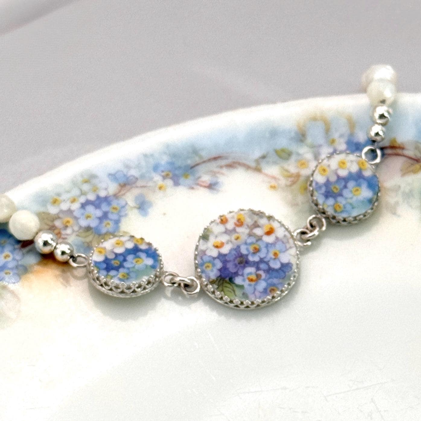 Unique 18th Wedding Anniversary Gifts for Wife, Antique Hand Painted Porcelain, Sterling Silver Forget Me Not Bracelet, Statement Jewelry
