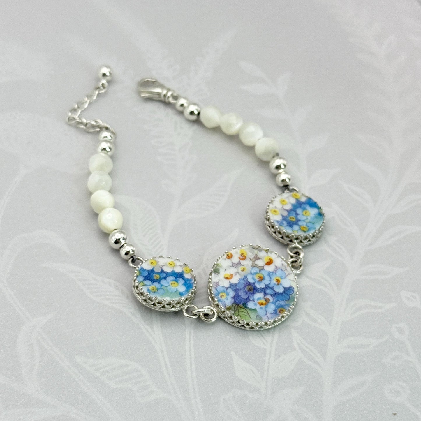 Unique 18th Wedding Anniversary Gifts for Wife, Antique Hand Painted Porcelain, Sterling Silver Forget Me Not Bracelet, Statement Jewelry