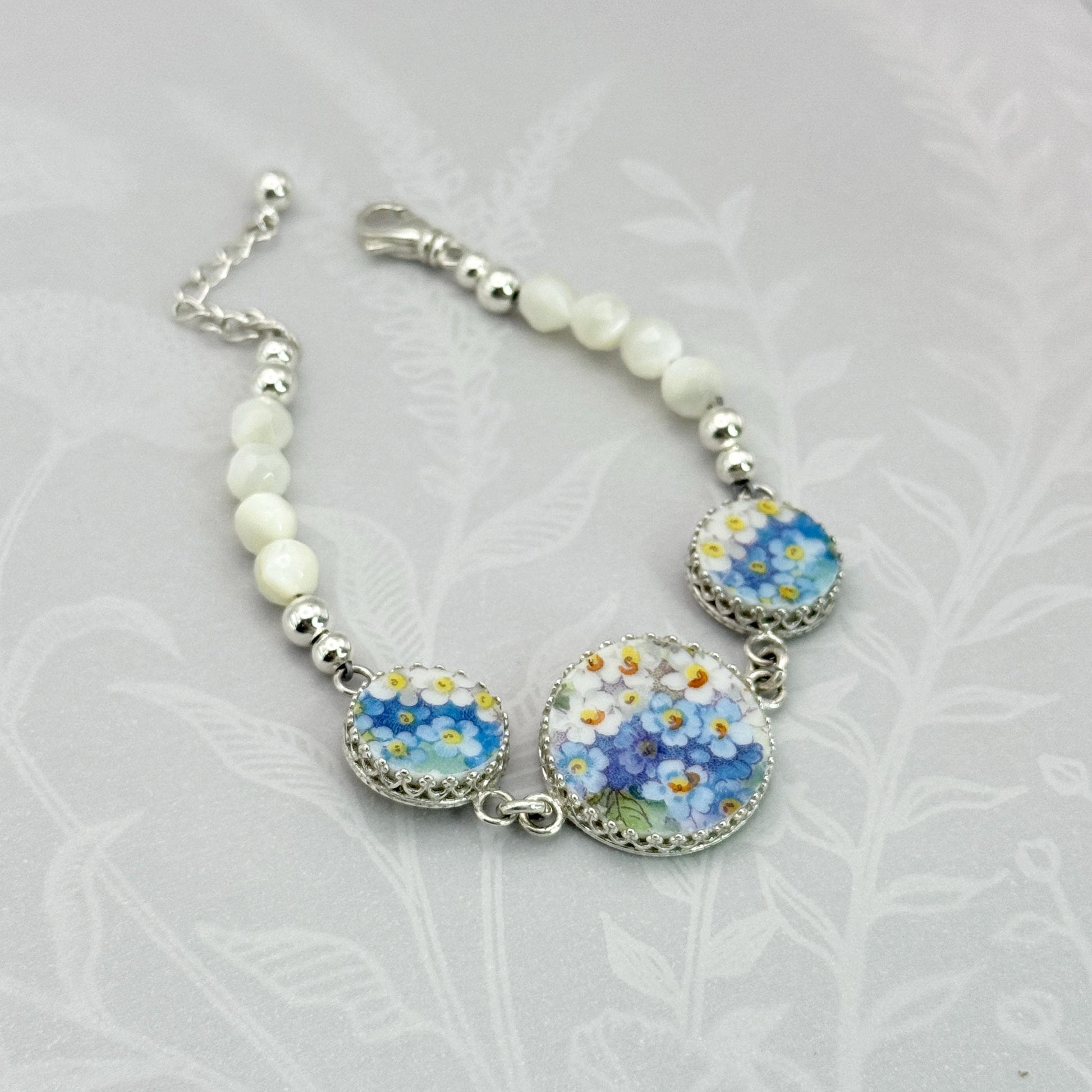 Unique 18th Wedding Anniversary Gifts for Wife, Antique Hand Painted Porcelain, Sterling Silver Forget Me Not Bracelet, Statement Jewelry