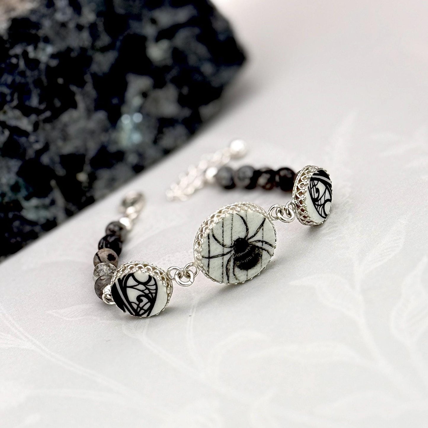 Gothic Black Spider Bracelet, Porcelain Halloween Jewelry, Halloween Wedding, Insect Jewelry. Adjustable Bracelet