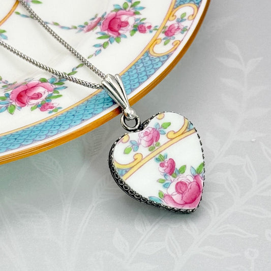 Pink Rose Heart Necklace, 20th Wedding Anniversary Gift for Wife, Antique Broken China Jewelry, Romantic Silver Victorian Jewelry