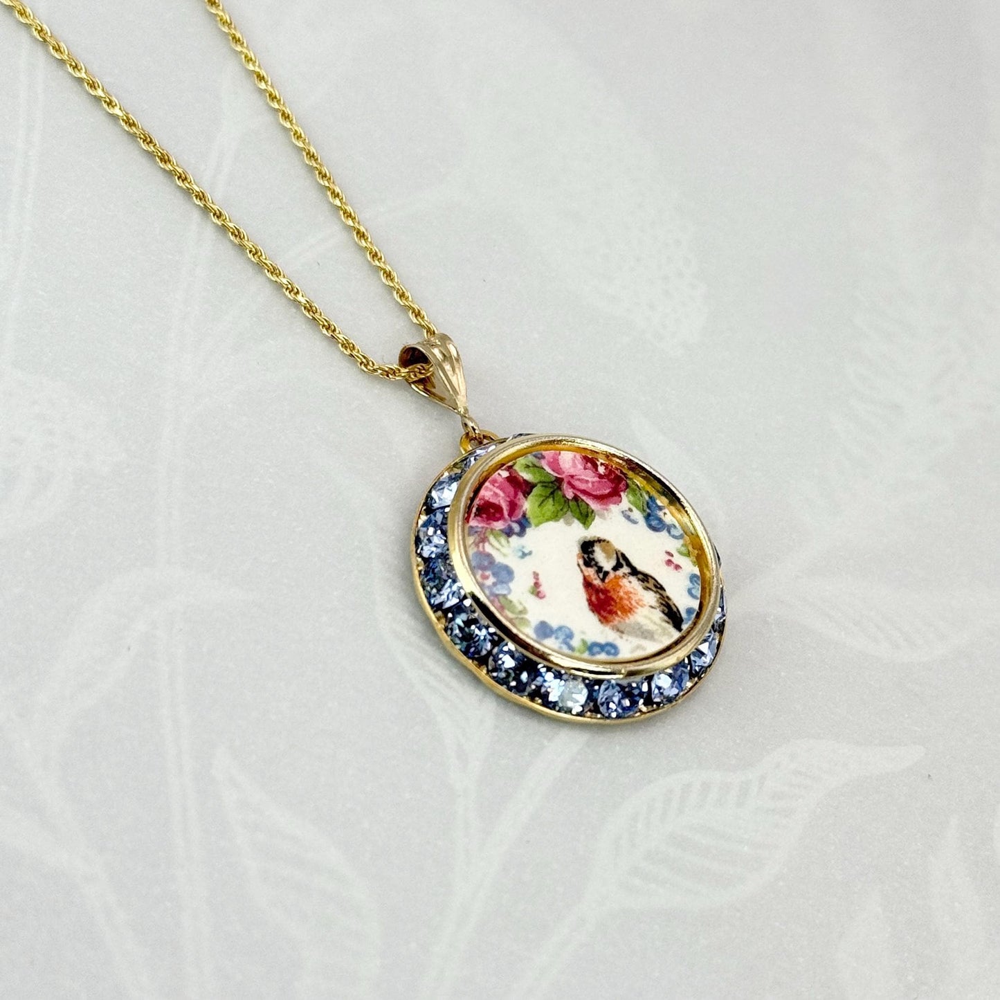 Robin Rose Necklace, Vintage Broken China Jewelry, 20th Anniversary Gifts for Wife, Blue Forget Me Not Flowers, Gold Bird Necklace