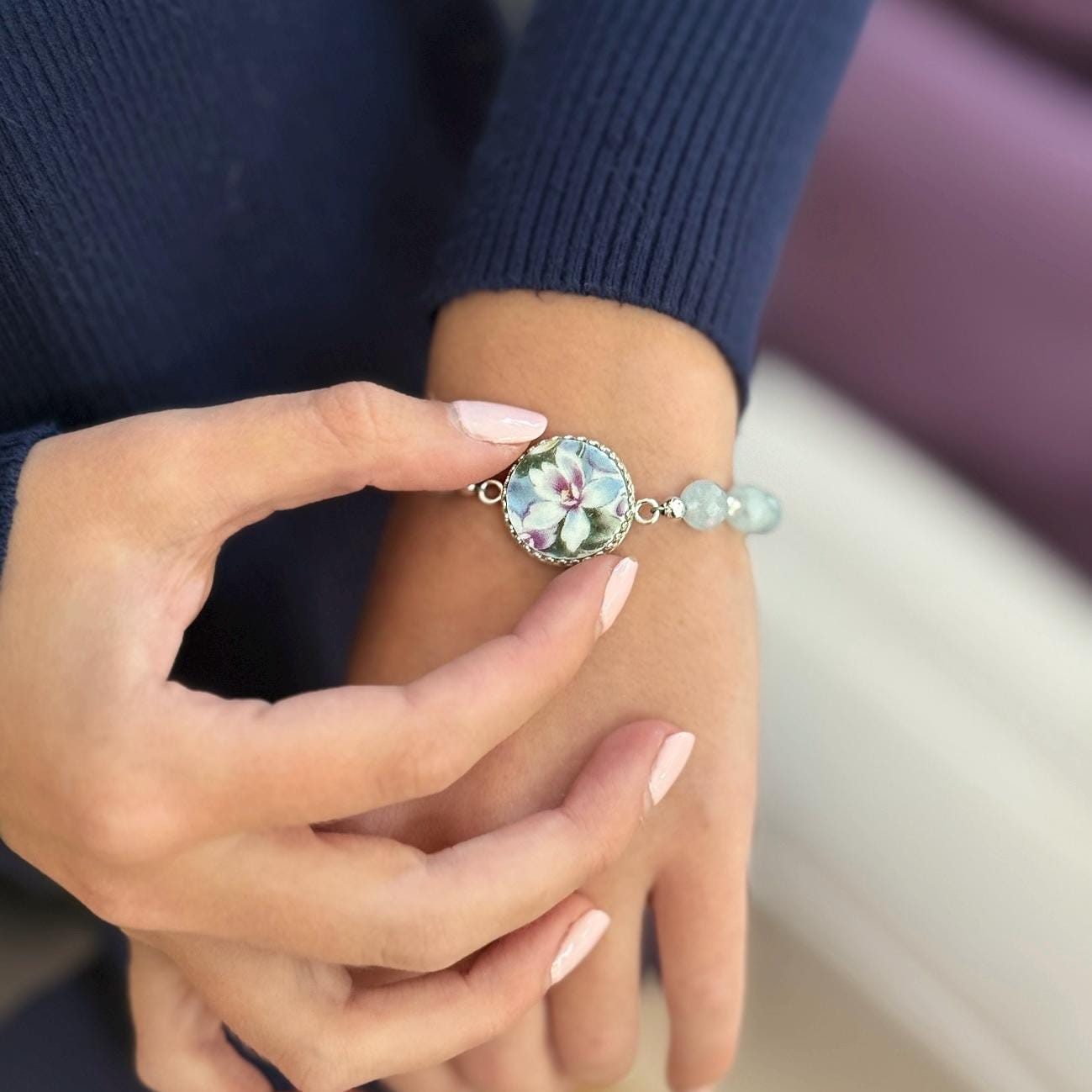 Violet Aquamarine Bracelet, 18th Anniversary Gift for Wife, Vintage Porcelain Jewelry