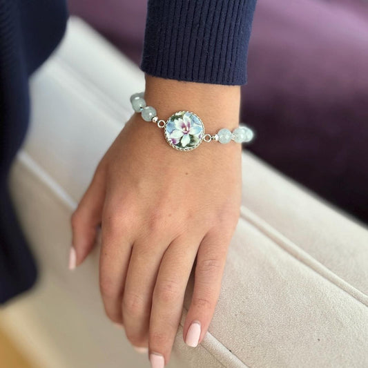 Violet Aquamarine Bracelet, 18th Anniversary Gift for Wife, Vintage Porcelain Jewelry