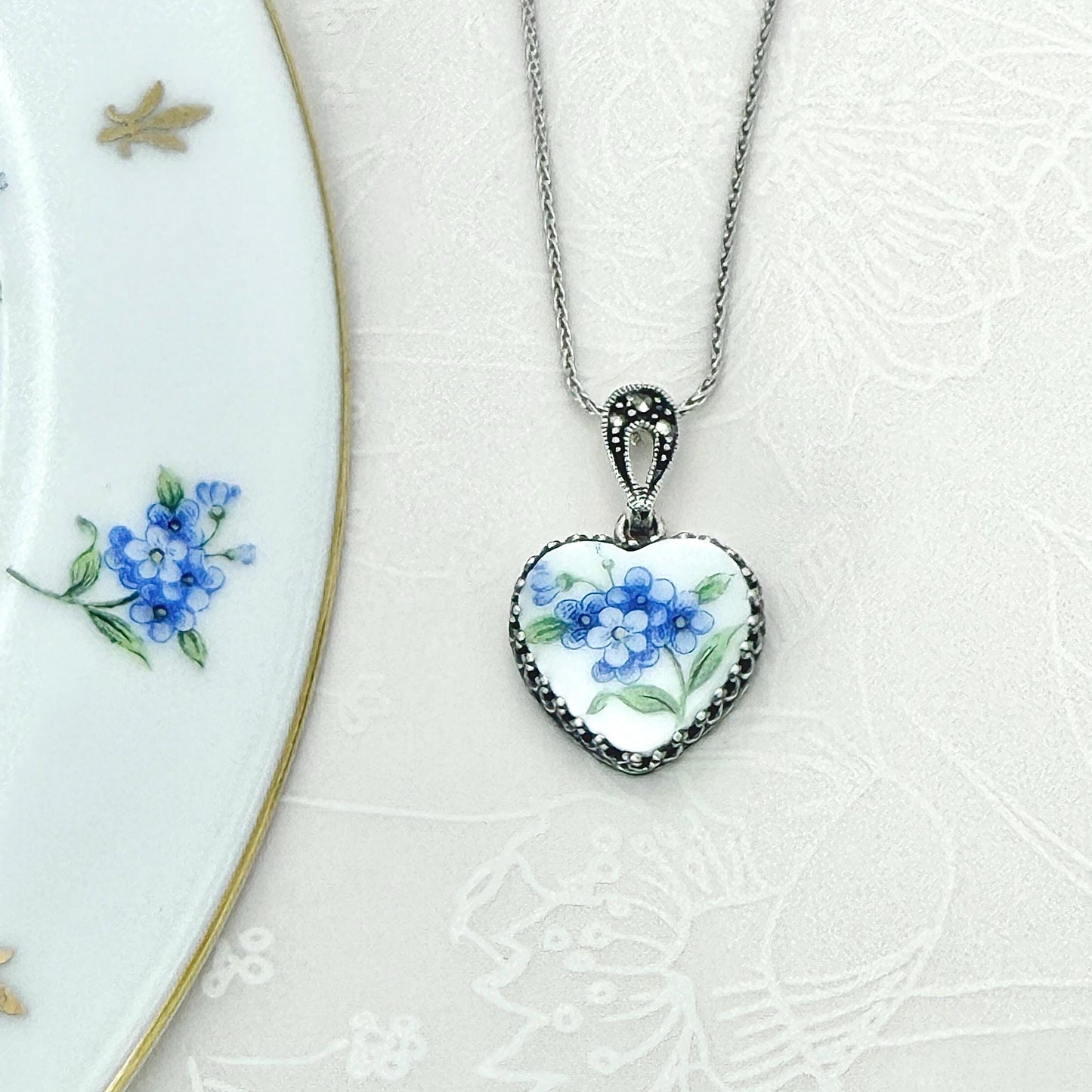 18th Anniversary Porcelain Gift for Wife, Forget Me Not Heart Necklace, Broken China Jewelry, Marcasite Stones, 20th Anniversary Gift