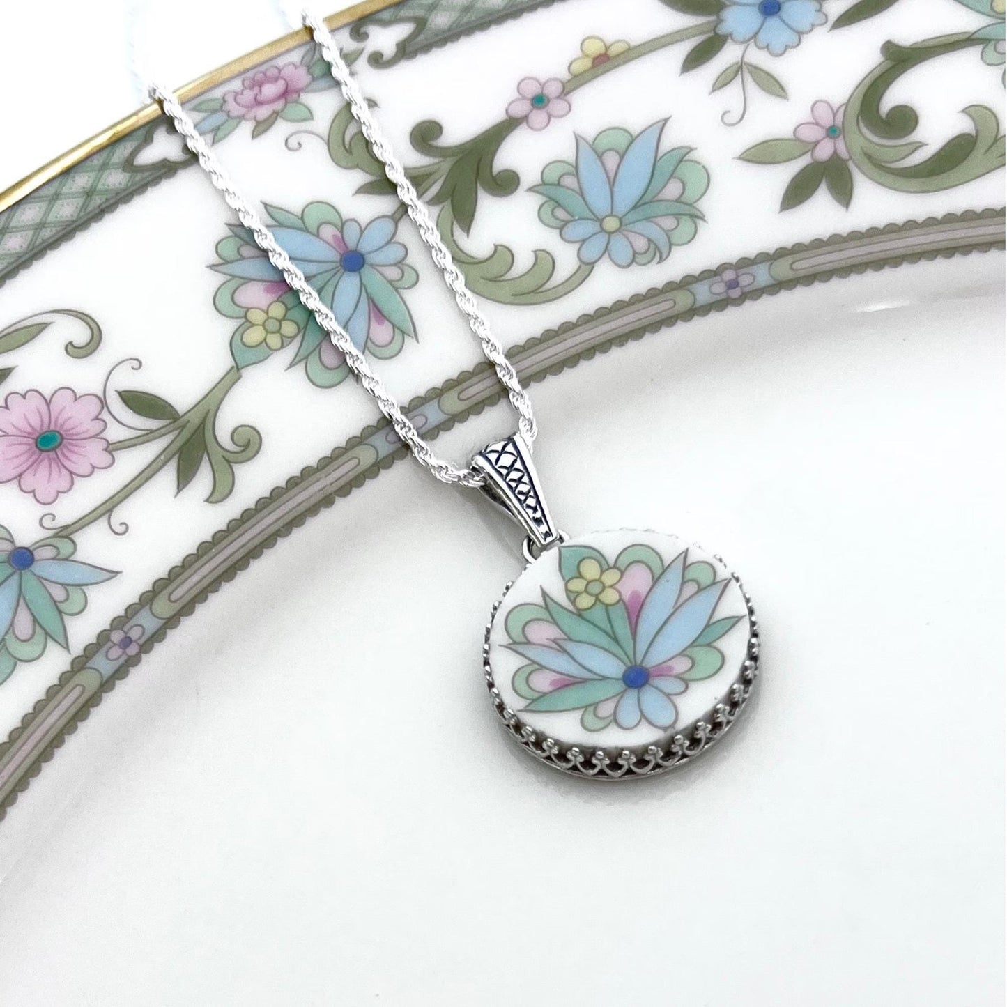 Boho Flower Necklace, 20th Anniversary Gifts for Wife, Vintage Broken China Jewelry, Sterling Silver, Fantasy Floral Jewelry