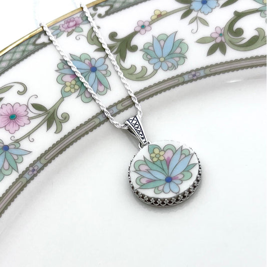 Boho Flower Necklace, 20th Anniversary Gifts for Wife, Vintage Broken China Jewelry, Sterling Silver, Fantasy Floral Jewelry