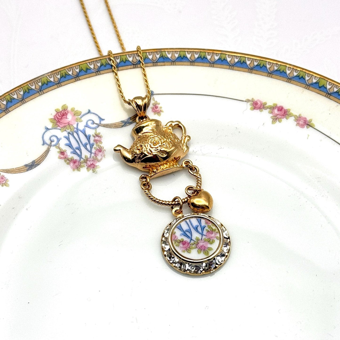 Victorian Gold Teapot Charm Necklace, Broken China Jewelry, Friendship Gift for Tea Lover