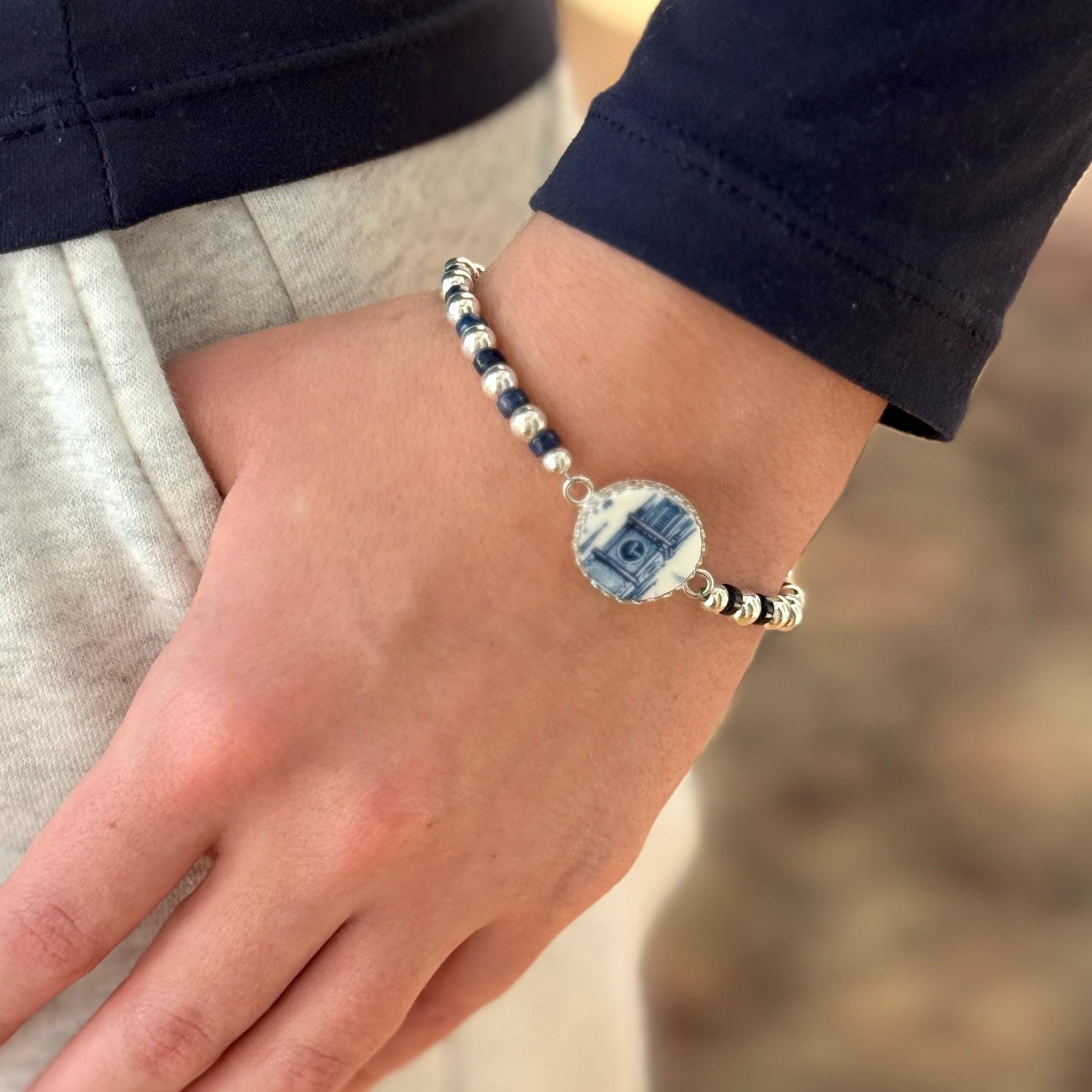 Vintage Liberty Blue China, Historic Boston Old North Church Charm Bracelet, Broken China Jewelry, Lapis Lazuli