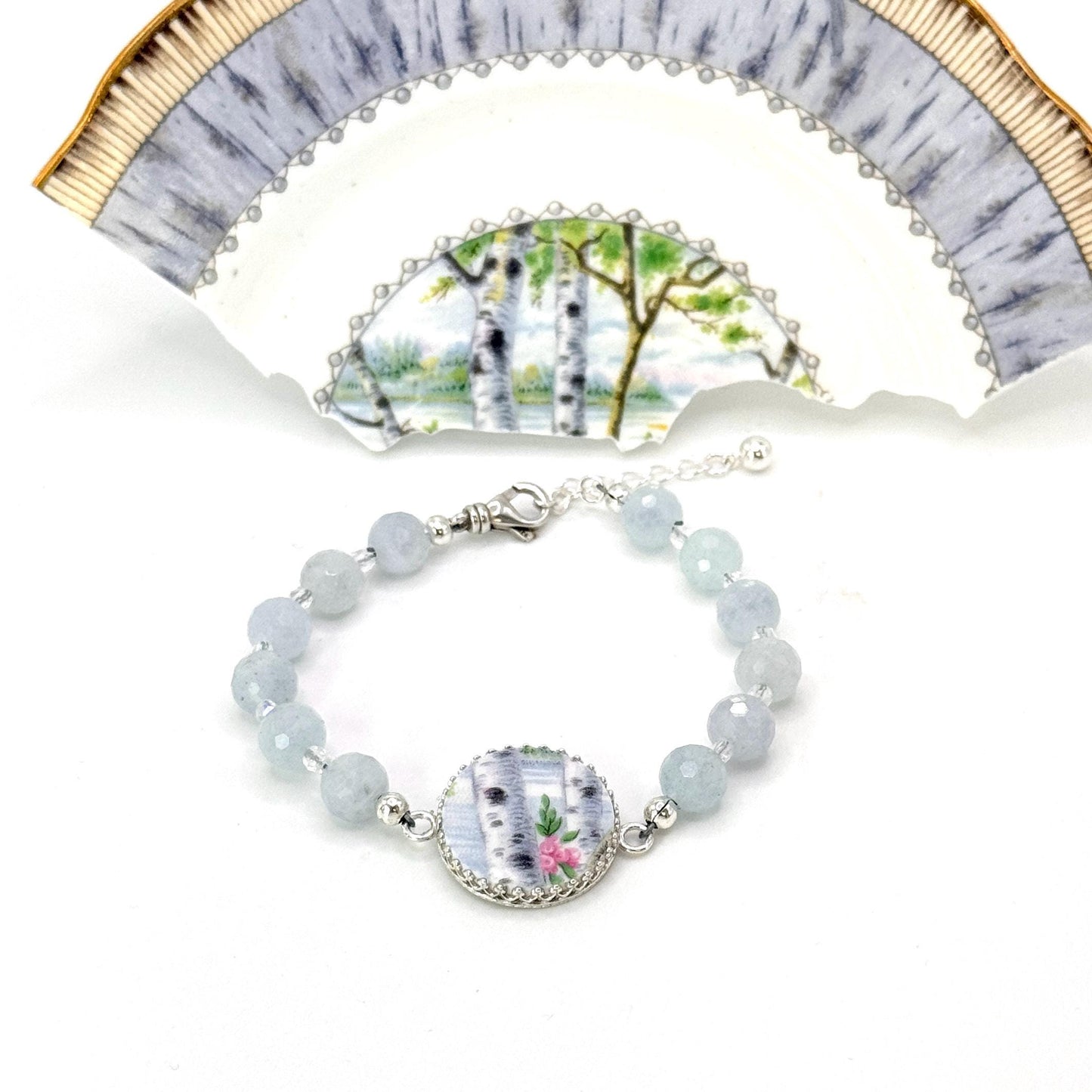 20th Anniversary Gift for Wife, Birch Tree Bracelet, Aquamarine Broken China Statement Jewelry