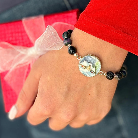 Cottagecore Broken China Jewelry Bracelet, Holiday Gifts for Women, Cats Eye Stones