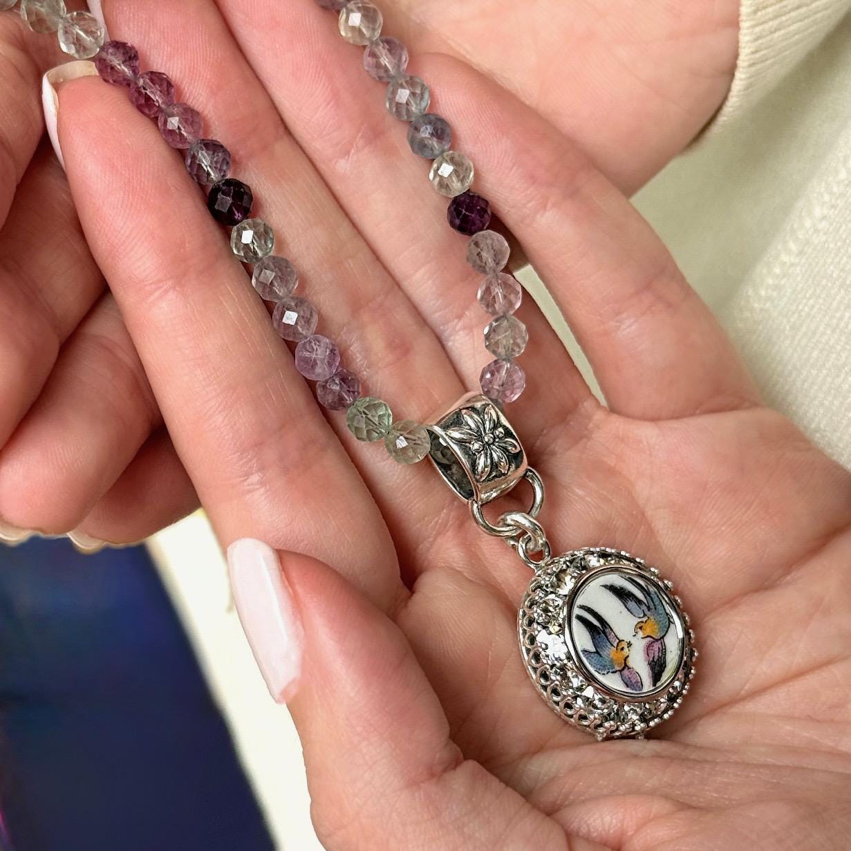 Love Birds Fluorite Necklace, Romantic 20th Anniversary Gifts for Wife, Antique Broken China Jewelry, Sterling Silver Gemstone Necklace