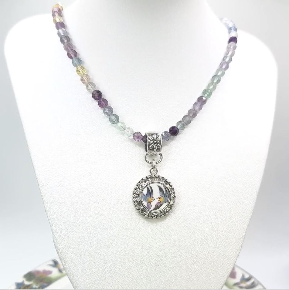 Love Birds Fluorite Necklace, Romantic 20th Anniversary Gifts for Wife, Antique Broken China Jewelry, Sterling Silver Gemstone Necklace