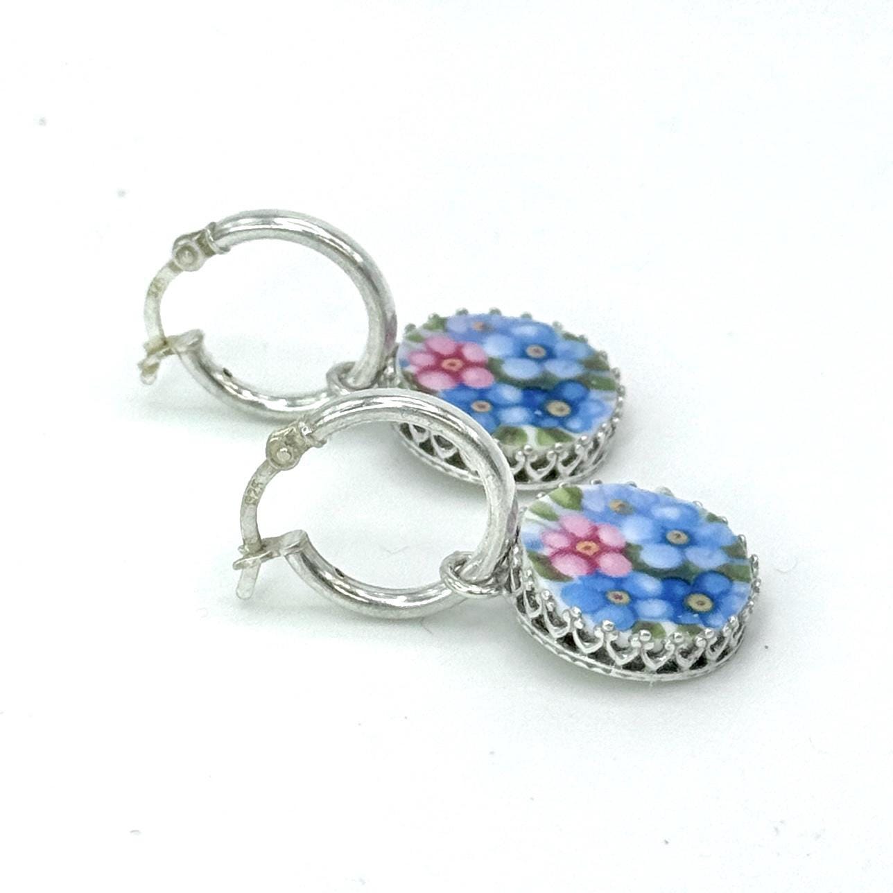 Romantic Forget Me Not Earrings, 20th Anniversary Gift for Wife, Vintage Broken China Jewelry, Sterling Silver Hoop Flower Earrings