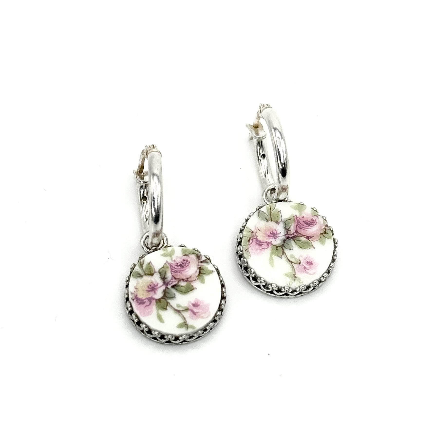 Antique French Limoges Pink Rose Earrings, Romantic 18th Anniversary Gift for Wife, Porcelain Jewelry, Sterling Silver Hoop Flower Earrings