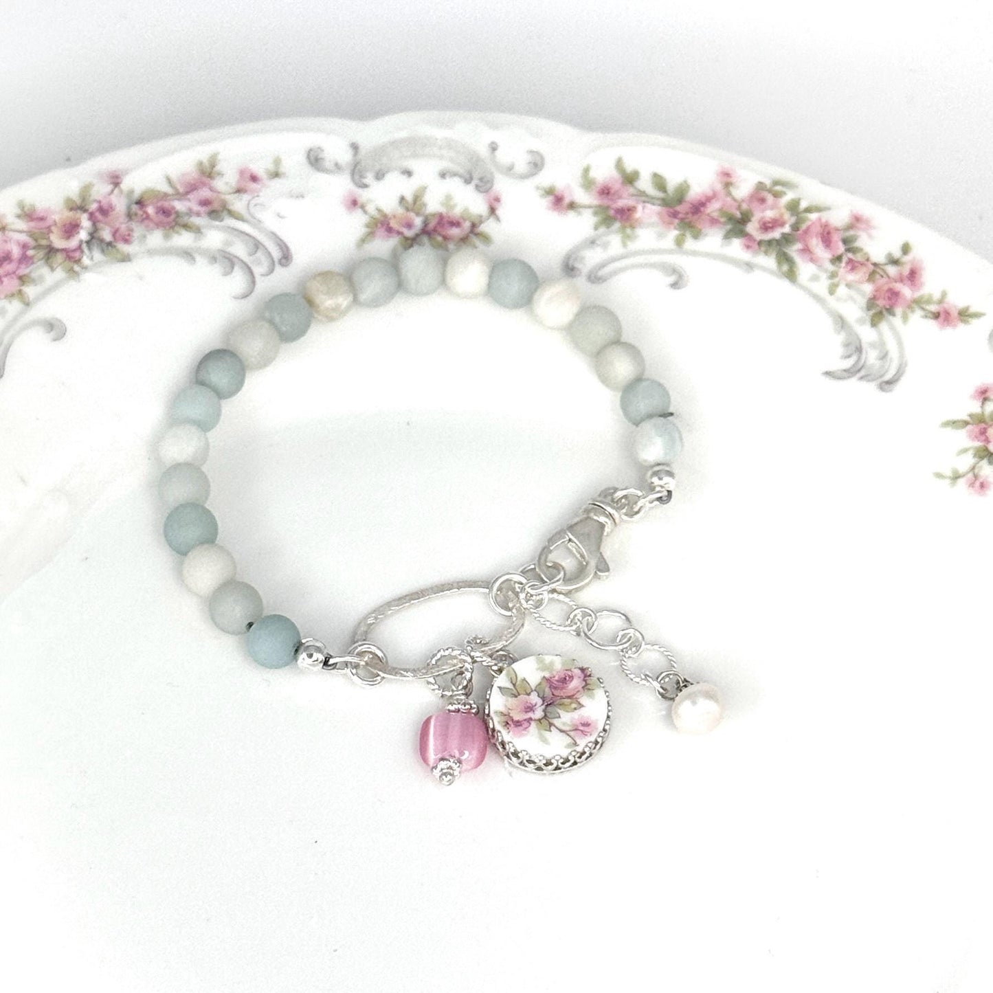 Antique French Limoges Pink Rose Earrings, Romantic 18th Anniversary Gift for Wife, Porcelain Jewelry, Sterling Silver Hoop Flower Earrings