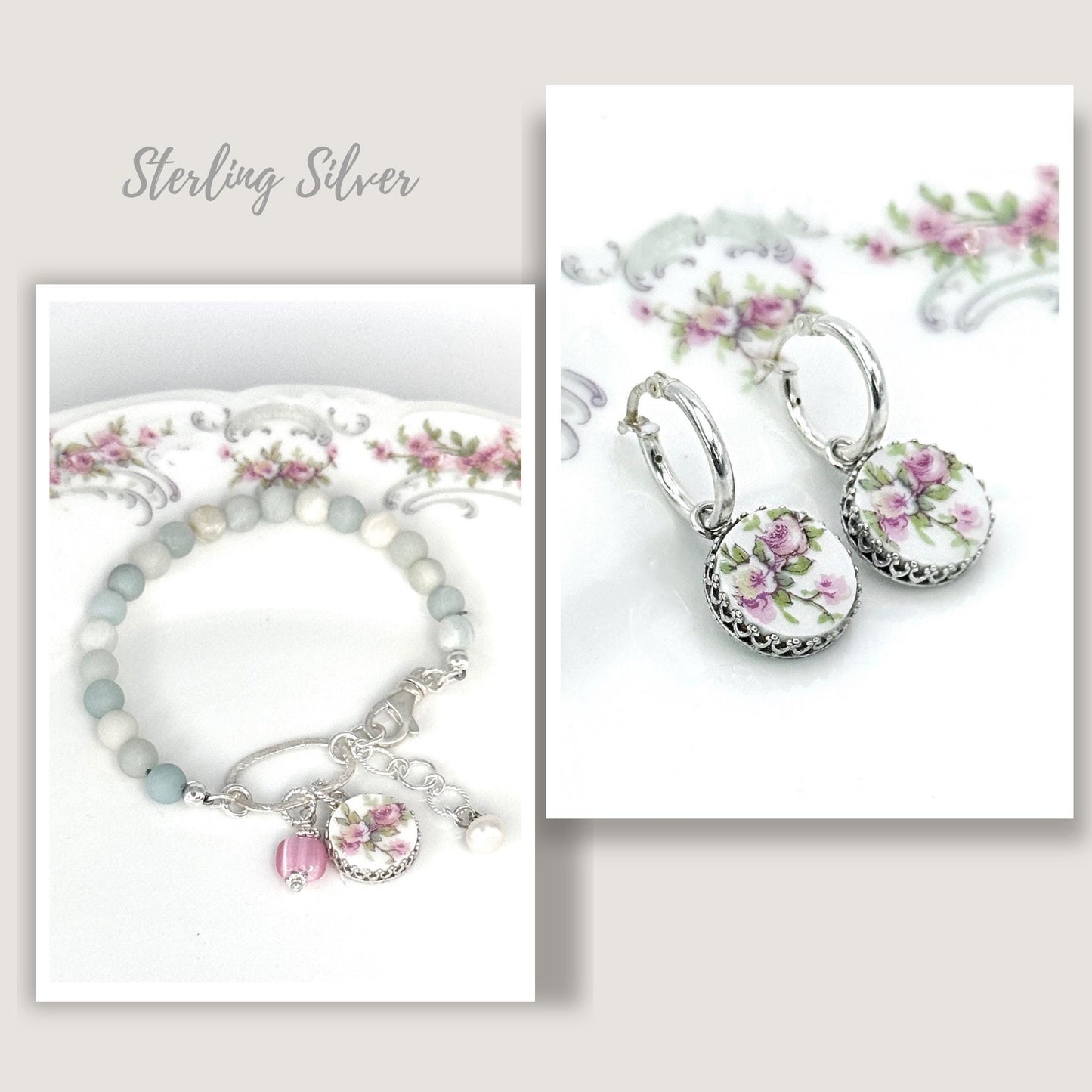 Antique French Limoges Pink Rose Earrings, Romantic 18th Anniversary Gift for Wife, Porcelain Jewelry, Sterling Silver Hoop Flower Earrings