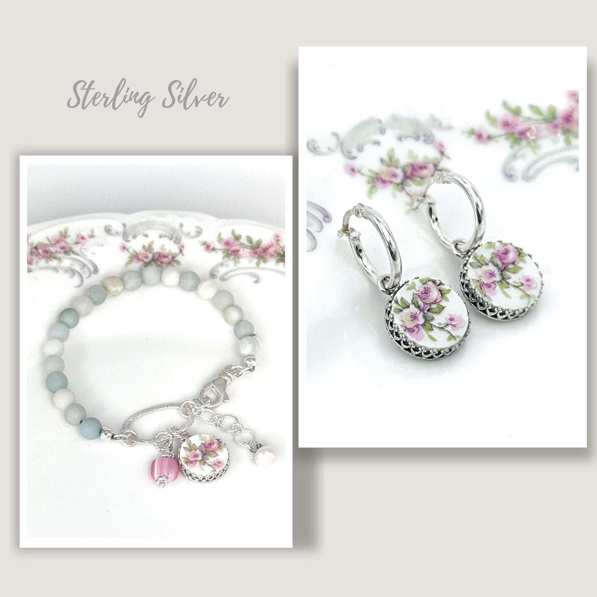 Antique French Limoges Pink Rose Earrings, Romantic 18th Anniversary Gift for Wife, Porcelain Jewelry, Sterling Silver Hoop Flower Earrings