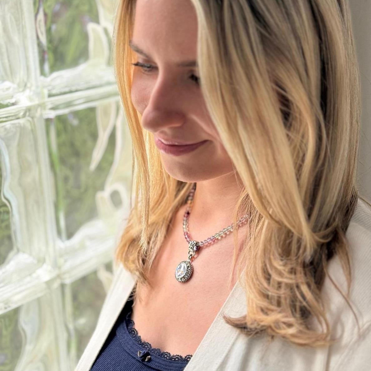 Love Birds Fluorite Necklace, Romantic 20th Anniversary Gifts for Wife, Antique Broken China Jewelry, Sterling Silver Gemstone Necklace