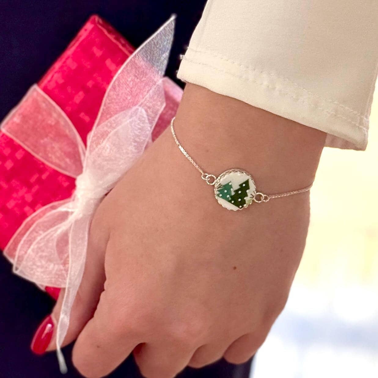 Dainty Christmas Tree Adjustable Bracelet, Lenox Broken China Jewelry Gifts, Unique Stocking Stuffers for Women, Minimalist