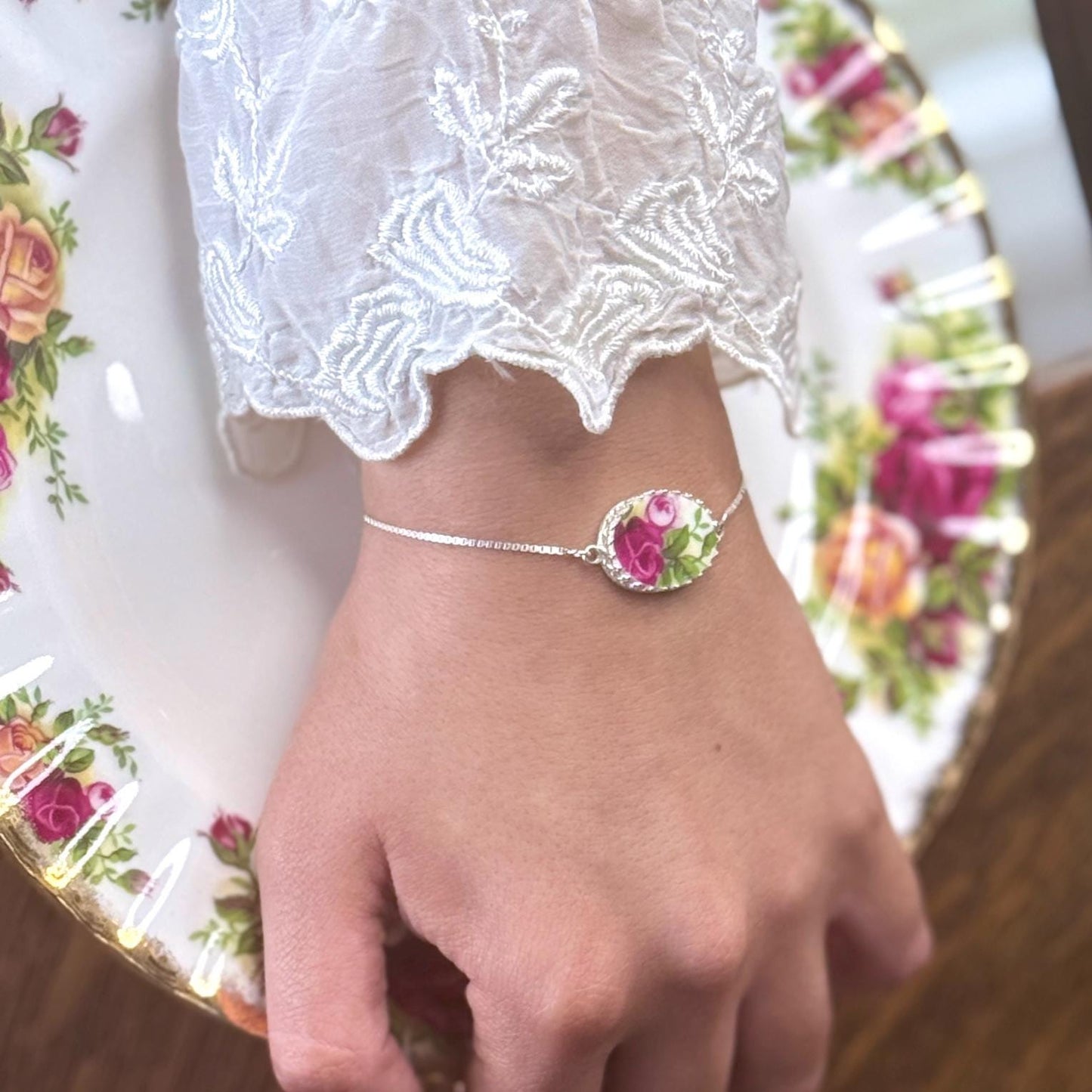 Sterling Silver Royal Albert Old Country Roses Bolo Bracelet, Broken China Jewelry, Unique 18th/20th Gifts for Wife, Red Rose Love Gifts