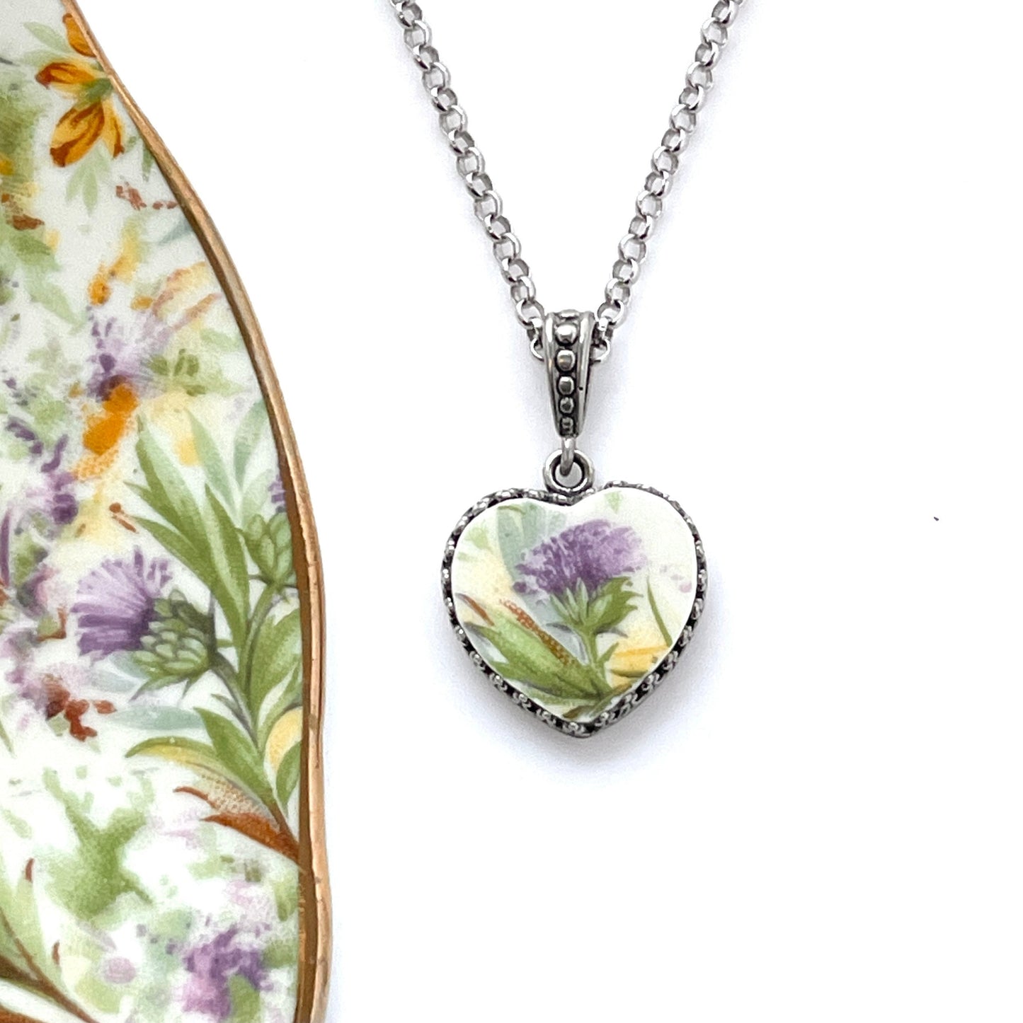 Scottish Thistle Broken China Jewelry, Heart Pendant Necklace, Handmade Jewelry, Anniversary Gifts for Women
